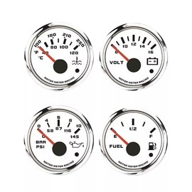 MOTOR METER RACING W PRO Series 4 Gauge Set - 52mm 2-1/16" Volt, Fuel Level, Water Temperature & Oil Pressure White Dial Red LED - for Car, Boat & Truck