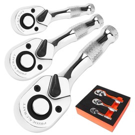 PRIDE&CRAFT 3pc Stubby Ratchet Wrench Set, 1/4", 3/8", 1/2" Drive Mini Small Ratchet, 72-Tooth, Socket Wrench Quick Release Reversible Design, Chrome Alloy Made, EVA Organizer