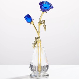Arikyrist Crystal Rose Flowers Figurines Home Decor, Blue Glass Flowers with Stems, Collectible Figurines Crystal Rose Flower Gifts for Women on Mother's Day Valentine