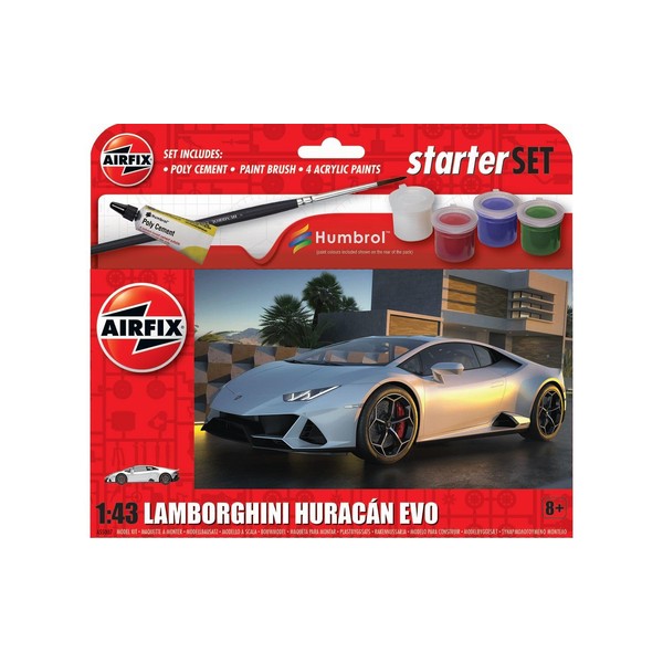 Airfix Starter Set - A55007 Lamborghini Huracán EVO Model Building Kit - Plastic Model Car Kits for Adults & Children 8+, Set Includes Decals, Acrylic Paints, Brushes & Poly Cement - 1:43 Scale Model