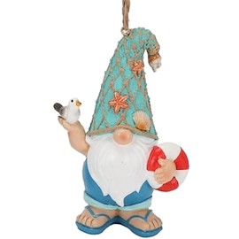 The Bridge Collection Coastal Seashell Gnome Ornament - Beach Gnome with Life Preserver Ring - Beach Themed Christmas Ornament