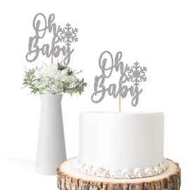 The Poppin Party Shop (Set of 2) Snowflake Oh Baby Cake Topper or Centerpiece,Silver Glitter Winter Baby Shower Decorations,Wonderland or Gender Reveal Party Decor (Set of 2)
