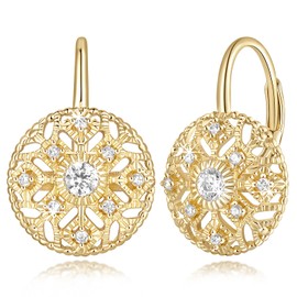 Eloqueen 14K Gold Earrings Gold Hoop Earrings for Women Dangle with Cubic Zirconia with Engraved Details Leverback Drop Earring for Women Non Tarnish