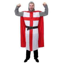 Adults Medieval Crusader Knight Fancy Dress English Knight Costume - St George Tunic + Red Cape + Headpiece + Belt - Lionheart King Arthur (X-Large)