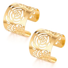 2 Pcs Cuff Bangle Bracelet for Women, Gold Vintage Flower Hollow Bangle Bracelets Open Wide Wire Bracelets Adjustable Gold Cuff Jewelry Wrist Wrap Bracelet