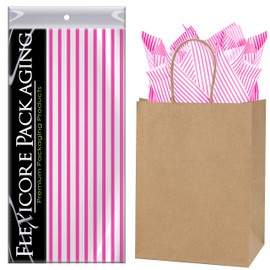 Flexicore Packaging Natural Brown Kraft Paper Gift Bags & Hot Pink Gift Wrap Tissue Paper | Size: 8 Inch X 4.75 Inch X 10.5 Inch | Count: 50 Bags | Color: Hot Pink Pin Stripe