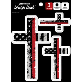 Distressed Thin Red Line Firefighter Cross Decals - Set of 3 Tattered Flag Fire Fighter Vinyl Car Sticker for Truck Window Bumper Laptop US Flag