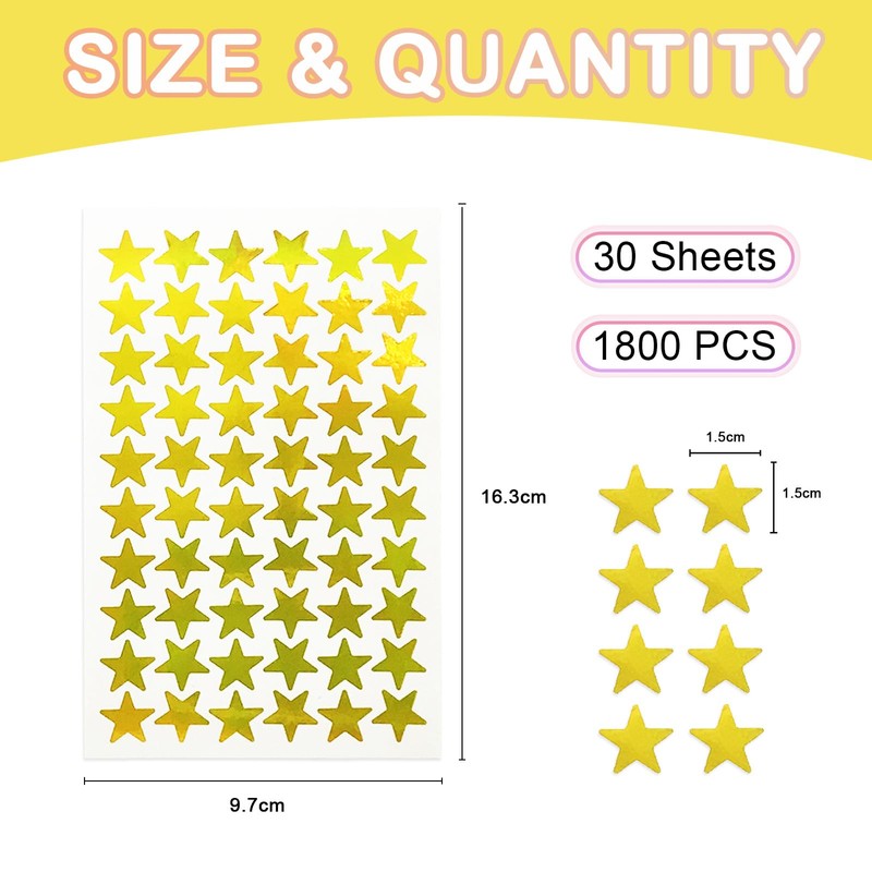 Tehttz 1800Pcs Gold Star Stickers, 30 Sheets Tiny Holographic Foil