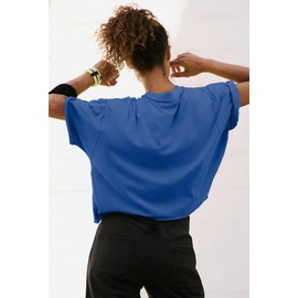 ATHMILE Womens Oversized T-Shirts Short Sleeve Workout Crop Tops Casual Drop Shoulder Boxy Roll Hem Basic Loose Tees Blue