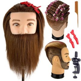 Chocolate Brown Male Training Head for Hairdressers Mannequin Head with 100% Human Hair and Beard Training Doll Head for Hair Styling and Practice