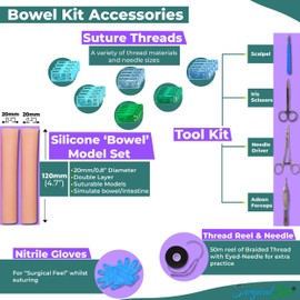 SurgicalSim Bowel Anastomosis Suture Practice Kit, Side-to-Side Techniques, Includes 20mm Diameter Intestinal Models, Tool Kit, Threads, Ideal for Practice, Demonstration, Workshops, Gift for Students