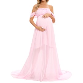 ZIUMUDY Maternity Off Shoulder Chiffon Dress Maxi Gown for Photoshoot Photography Baby Shower Dress (Pink, Medium)