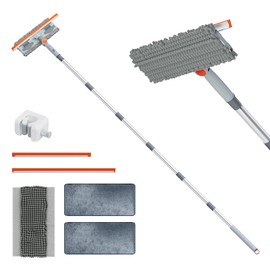 6.4FT Extendable 2-in-1 Window Washing Kit with Long Handle, 180° Rotatable Head & No-Drill Storage Holder, Streak-Free Window Squeegee for High Windows, Glass, Shower, and Car Windshield Cleaning