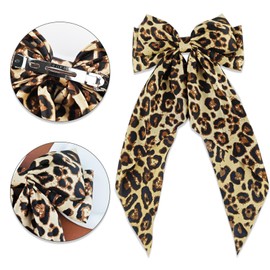 Leopard Print Long Tail Hair Bow Clips - 2Pcs Handmade Ribbon Satin Oversized Bow Metal Barrettes Ponytail Ribbons Butterfly Accessories for Women and Girls (Leopard Print-Red/Yellow)