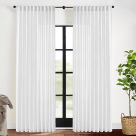 White Curtains 70 Inch Wide by 84 Long for 72 in Width Window,2 Panels Linen Cotton Back Tab Hooks Pleated Light Filtering Semi Privacy Extra Wide Sheer Curtains for Bedroom Living Room,70x84 Length
