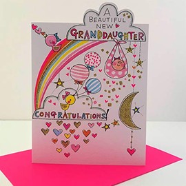 Rachel Ellen A Beautiful New Granddaughter Congratulations Card - Baby Birds Rainbow