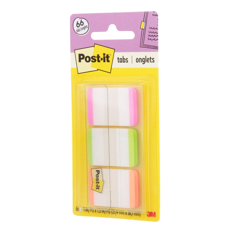 Post-it Tabs, 1 in, Lined, Pink, Green, Orange, 22 Tabs/Color,
