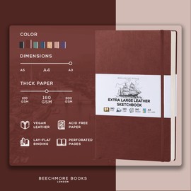 BEECHMORE BOOKS Art Sketch Book, Extra Large A3 160 Pages 11.7 x 16.5 inch, Hardcover Leather Artist Sketch Pad for Drawing and Painting, Thick 160gsm Cream Paper, Boxed for Gifts, Chestnut Brown