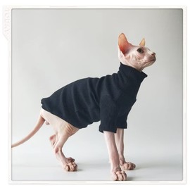 KICLARO Sphynx Cat Sweaters,Hairless Cats Turtleneck, Cat Wear Breathable Cotton Clothes,Pullover Knitwear with Sleeves for Sphynx, Cornish Rex, Devon Rex, Peterbald Black S