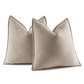 MIULEE Pack of 2 Beige Decorative Pillow Covers 20x20 Inch Soft Chenille Couch Throw Pillows Farmhouse Cushion Covers with Elegant Design for Sofa Bedroom Living Room Home Decor