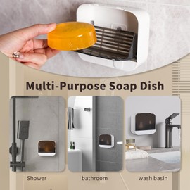 Wall-Mounted Soap Holder with Drain Flip-Top Bathroom Soap Dish Self-Adhesive Self Draining Soap Box Quick-Dry Space-Saving Soap Organizer to Keep Soap Bars Dry, for Shower, Bathroom and Kitchen