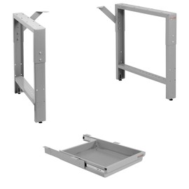 Garage Workbench Table Frame 26" Depth - Height Adjustable 29" to 35" - 2" High Drawer Kit - Grey