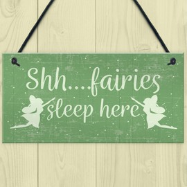 RED OCEAN Fairies Sleep Here Novelty Hanging Shabby Chic Plaque Novelty Fairy Garden Shed Sign