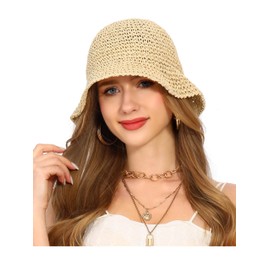 Rulala Fancy Womens Sun Hat Handmade Straw Bucket UV Protection Wide Brim Packable Travel Beach Cap for Summer UPF 50+(Beige)