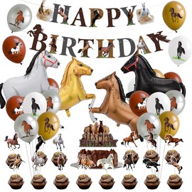 36 Horse Birthday Decoration, Horse Balloons Decoration Birthday Set, Includes 16 x Horse Balloons, 15 x Cupcake Toppers, 4 x Foil Balloons, 1 x Happy Birthday Banner, Horse Decoration for Boys and