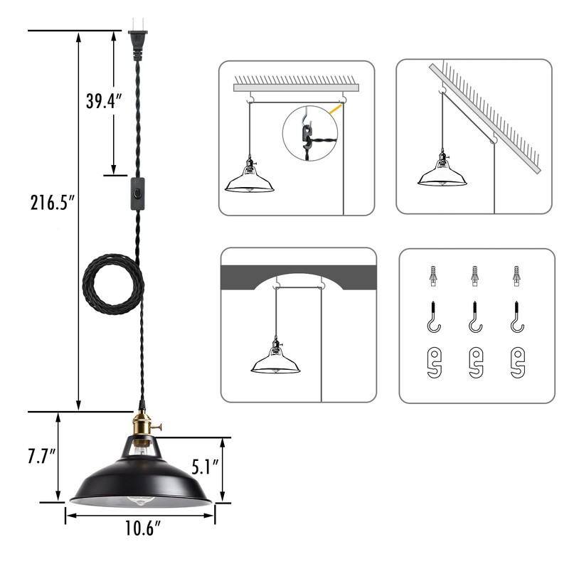 YUBOLE Industrial Hanging Lights with Plug in Cord, Black Barn