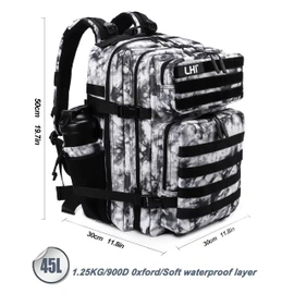 LHI Military Tactical Backpack for Men Molle Daypack 45L Army 3 Days Assault Pack Bag Large Rucksack With Bottle Holder Black and White(12*20*12)