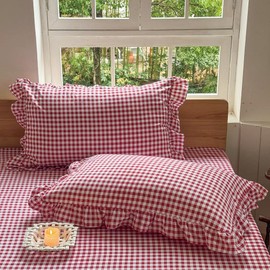 NSNLGSGC Red Ruffled Plaid Gingham Standard Size Pillow Shams 20"x26", Set of 2 Green Checked Pre-Washed Microfiber Farmhouse Pillowcases for Bed/Sofa (20"x26", Red Gingham)