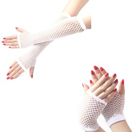 Lansonee 2 Pair Fishing Net Elastic Gloves,Long And Short Sexy Fishing Net Long Gloves,Women's Party Makeup Dress Short Skirt-White