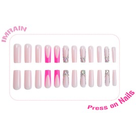 IMRAIN Long Square Press on Nails Pink French Tip Fake Nails with Rhinestone Designs Glossy Acrylic False Nails Glue on Nails Sparkly Artificial Nail Supplies Stick on Nails for Women 24Pcs