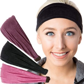 Hipsy Adjustable & Stretchy Crushed Xflex Wide Headbands for Women Girls & Teens (Crushed Plum/Black/Pink 3pk)