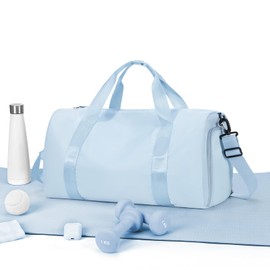 HYC00 Gym Bag Womens Mens Small Sports Duffle Bags with Shoes Compartment & Wet Pocket Weekend Travel Duffel Bag for Women Carry on Overnight Bags Lightweight Holdall Hospital for Yoga,Light Blue