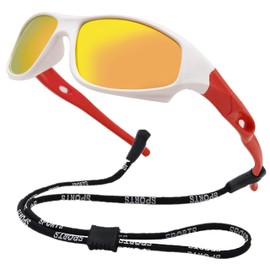 Kids Flexible Polarized UV Protection Sunglasses for Boys Girls Age 3-10 with Strap (white red mirrored orange)