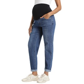 Foucome Women's Maternity Jeans Stretchy High Waist Pregnancy Boyfriend Denim Pants Dark Blue M
