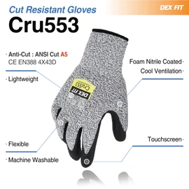 DEX FIT Level 5 Cut Resistant Gloves Cru553-3D-Comfort Fit, Firm Grip, Thin & Lightweight, Touchscreen Compatible, Durable, Breathable, Machine Washable; Grey XL (10) 3 Pairs