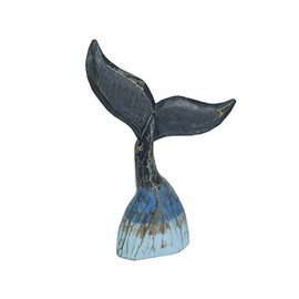 Exquisite Coastal Blue Carved Wooden Whale Tail Sculpture - 16-Inch High Tabletop Statue Ideal for Nautical Home Decor, Beach Houses, and Coastal-Themed Spaces