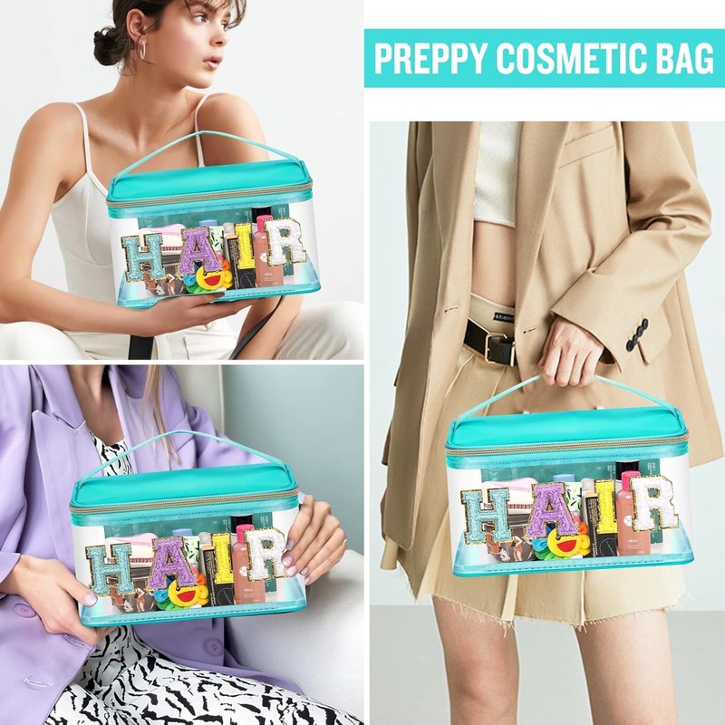 Letter Clear Makeup Bags, Preppy Patch Makeup Bag with Handle