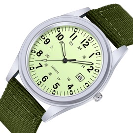 Tiong Men's Military Quartz Sports Watch, Textile Nylon Strap Luminous Watches for Men, Simulated Display Quartz Waterproof Men's Watch-Green Band & Light Green