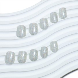 Silver Press on Nails Glitter Fake Nails Short Square False Nails Silver Glitter Full Cover Glue Acrylic Nails with Designs Glossy Stick on Nails for Women Manicure & Nails Art Decoration 24Pcs