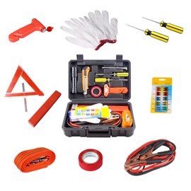 slrongpowlr Roadside Emergency Safety Car Kit for Vehicles with Jumper Cables (Upgraded), Reflective Warning, Tow Strap, Tool Kit