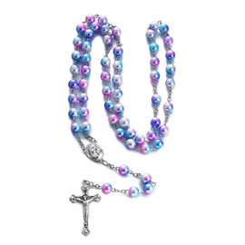 Catholic 8MM Colorful Beads Rosary Imitation Multicolor Pearl,Rosaries Necklace with Alloy Miraculous Medal and Crucifix Cross