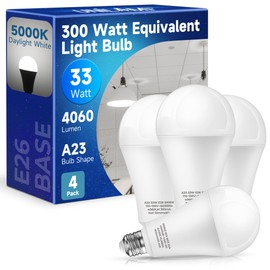 UNILAMP 200-300 Watt Equivalent Light Bulb, 33W LED Light Bulb E26 Daylight 5000K, Super Bright 4060LM, A23 LED Edison Screw Bulb for Garage, Warehouse, Street Backyard, Non-Dimmable, 4-Pack
