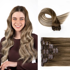 SOBEAUTY Clip in Hair Extensions, Real Human Hair Extensions, 100% Human Hair Remy Natural Hair Double Weft, 7 Pcs 120g Volume Invisible DIY Full Head Hair Extenion (Mix Brown T3/8/613 14 inch)