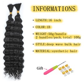 TAOYEMY Deep Wave Bulk Braiding Hair 16 Inches 100 g (1 Pack - 2 Bundles) Bundled Mixed Hair for Braiding Hair No Weft Boho Braids Wet and Wavy Synthetic Hair Extensions (1B, 16 Inches)