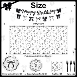 Lecheme - Decoración de fiesta de cumpleaños con lazo negro, 170 piezas, elegantes suministros de fiesta de coqueta, platos de moco, servilletas, tazas, mantel, banderín, para mujeres y niñas