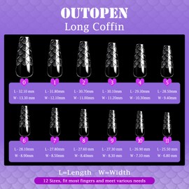 outopen 3D Fish Scales Coffin Nail Tips 120Pcs 12 Sizes Long Coffin Shape Clear Acrylic Fake Nails Full Cover False Nails Tips Press On Nails for Nail Extension Salon Manicure Home DIY